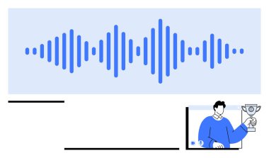 Mavi ses dalgası deseni merkezde. Alt köşede elinde kupa tutan adam başarıyı, iletişimi ve başarıyı simgeliyor. Teknoloji, motivasyon, veri, yaratıcılık, başarı liderliği için ideal