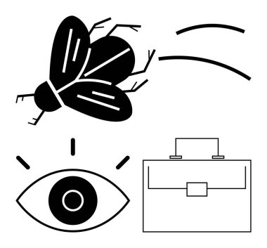 Siyah sinek hareket halinde, ışınlı bir göz, dikdörtgen bir çanta ve soyut dinamik çizgiler. Yenilikçilik, yaratıcılık, kurumsal kavramlar, vizyon, metafor iş stratejileri için ideal