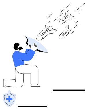 DDoS füzelerini engelleyen kalkan önünde diz çökmüş bir adam tehditlere karşı siber güvenlik savunmasını temsil ediyor. Siber koruma, veri güvenliği, risk azaltma, bilişim altyapısı, çevrimiçi için ideal