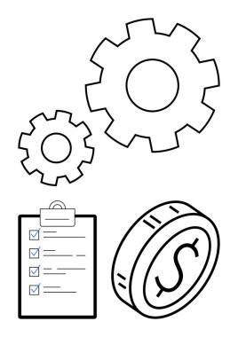Vitesler, keneli kontrol listesi ve para akışını, verimliliği ve finansal planlamayı simgeliyor. İş, proje yönetimi, işlemler, strateji finansmanı soyut çizgi için ideal