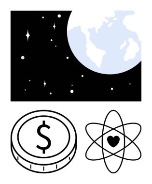 Uzayda dünya, dolar işaretli para, kalp merkezli atom sembolü. Sürdürülebilirlik, ekonomi, bilim, yenilik, aşk, işbirliği, soyut çizgi düz metafor için ideal