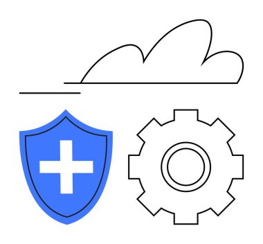 Bir haç ve güvenli bulut teknolojisini, hizmetleri, korumayı, işlevselliği ve kişiselleştirmeyi temsil eden bir dişli ikonu içeren bir bulut ana hatları. IT, siber güvenlik ve bulut çözümleri için ideal