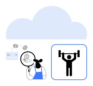 Büyüteç, bulut simgesi ve bireysel ağırlık kaldırma ile mali işlemleri inceleyen kişi. Teknoloji, finans, fitness, sağlık, dijital dönüşüm ve bulut hesaplama için ideal