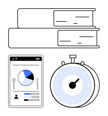 Çalışma için istiflenmiş kitaplar, izleme süresi için kronometre ve ilerlemeyi analiz eden mobil uygulama. Eğitim, organizasyon, proje planlaması, üretkenlik, zaman yönetimi, dijital araçlar için ideal