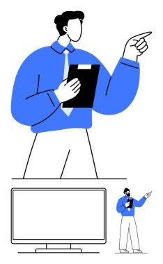 Kravat takan bir iş adamı bir not panosu tutuyor ve ileri işaret ediyor. Aşağıdaki monitör ekranı büyük. Sunumlar, iş eğitimi, özel dersler, eğitim, web siteleri, seminerler için ideal