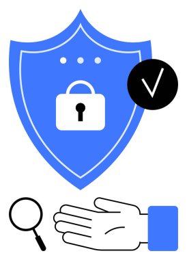 Kilitli kalkan, büyüteç, el ve işaret. Siber güvenlik, veri koruması, mahremiyet, çevrimiçi güvenlik risk yönetimi güvenli taraması için ideal. Satır metaforu