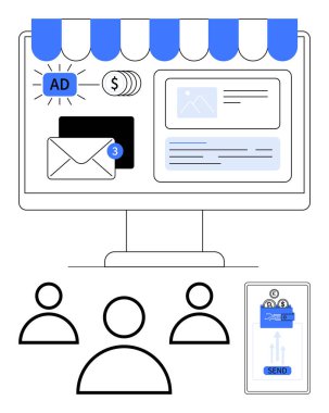 Reklam, e-posta, işlem, dükkan önü cep telefonu ödemeleri, kullanıcılar bağlanıyor. E-ticaret, reklam, e-posta kampanyaları, online ödeme UI soyut hat düz metaforu için ideal