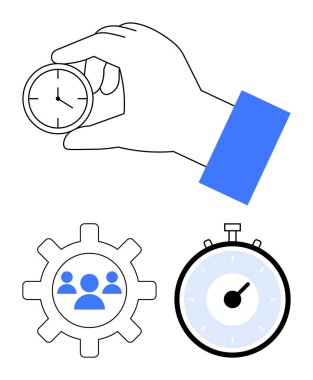 İnsanların ikon kronometreli saatlerini tutan bir el. Üretkenlik, teslim tarihleri, işbirliği, verimlilik, zaman izleme, proje yönetimi, koordinasyon için ideal. Satır metaforu