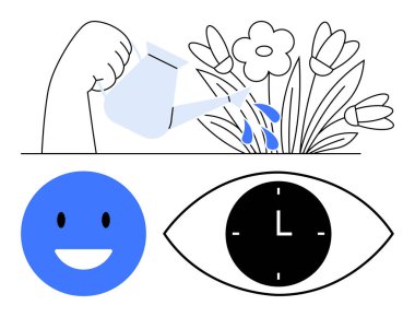 Kolları sulandıran çiçekler, mavi gülen surat ve saat içindeki saat büyümeyi, pozitifliği ve zaman odaklanmasını simgeliyor. Zihinsel sağlık, sağIık, zamanlama, verimliliği geliştirme, farkındalık, soyut çizgi için ideal