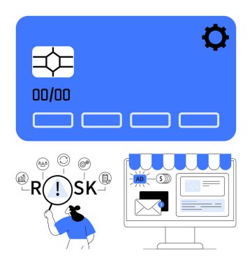 Çipli kredi kartı, risk analiz simgeleri, dijital riskleri analiz eden kullanıcı, e-postalarla çevrimiçi mağaza önü. Siber güvenlik, dolandırıcılık tespiti, e-ticaret, ödeme, risk yönetimi fintech için ideal