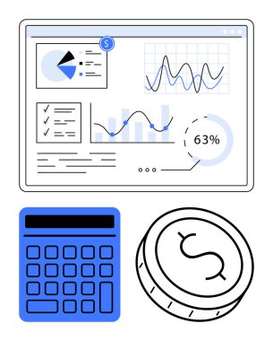 Grafikler, çizelgeler ve 63 ilerleme göstergesi olan mali konsol. Mavi hesap makinesi ve dolar işaretli para. Finans, muhasebe, bütçe, veri analizi, iş ekonomisi ve yatırım için ideal