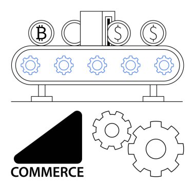 Bitcoin ve dolar sembolleriyle temsil edilen çeşitli para birimlerini dönüştüren taşıma bandı. Ticaret, finans, kripto para birimi, ekonomi, teknoloji, otomasyon endüstrisi için idealdir. Satır metaforu
