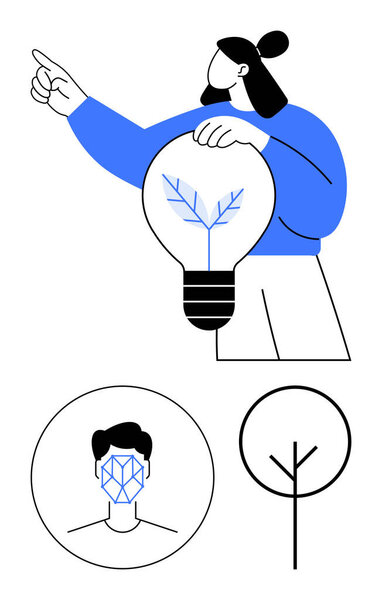 Женщина указывает вперед, держа устойчивую лампочку с деревом, геометрический значок человеческого лица и минималистский очертания дерева. Идеально подходит для инноваций, эко-дизайна, лидерства, технологий