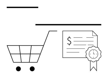 Onaylama rozetli bir fatura yanında alışveriş arabası, güvenli online alışverişin altını çiziyor. E-ticaret, mali güvenlik, güven, satın alma, fatura, onaylama, para yönetimi için ideal