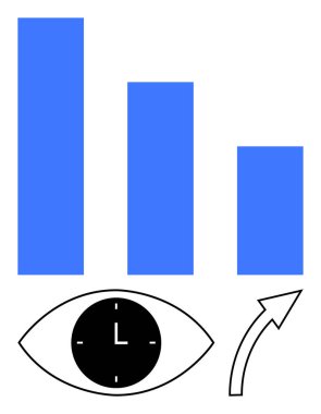 Blue bar chart with upward arrow, eye featuring clock for vision, planning, success. Ideal for productivity, growth, analytics, planning, business time management abstract line flat metaphor clipart