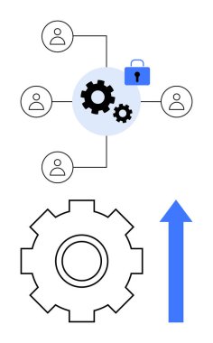 Dişlilere bağlı kullanıcı ağı ve büyümeyi sembolize eden dişli ve yukarı doğru ok ile birlikte güvenliği simgeleyen bir kilit. Takım çalışması, güvenlik, yenilik, ilerleme ve iş stratejisi için ideal