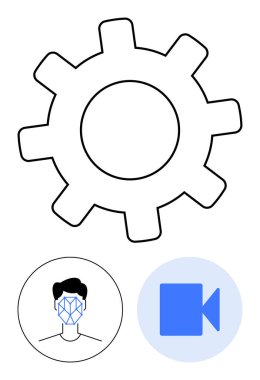 Ayarlar için vites, yüz tanıma simgesi, video teknisyeni için kamera. Yapay zeka, otomasyon, veri güvenliği, izleme, makine öğrenme, dijital araçlar, düz çizgi metaforu için ideal