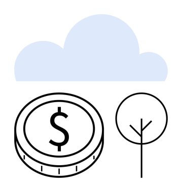 Bulutun altındaki ağacın yanındaki dolar işaretli sikke, finansal büyüme ve sürdürülebilirliği simgeliyor. Yatırımlar, tasarruflar, çevre, ekonomi, gelecek planlaması, eko-finans, soyut çizgi için ideal