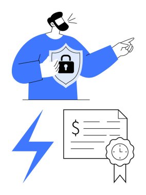 Kalkanı kilitli tutan adam, ileri bakıyor. Dolar ve saat sembollü sertifika, mavi yıldırım. Güvenlik, finans, tanınma, enerji, liderlik ilerleme koruması için ideal
