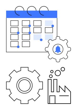 Vurgulanmış tarihli takvim ızgarası, uyarı zilli teçhizat, fabrika ana hatları ve çark. Planlama, üretim, iş akışı yönetimi, otomasyon, üretkenlik hatırlatıcıları için ideal