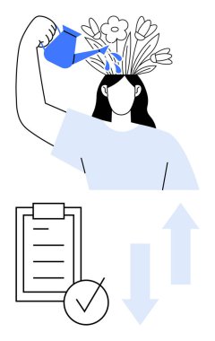 Kafasından filizlenen çiçekleri sulayan kadın yaratıcı büyümeyi sembolize ediyor. Kontrol listesi, ilerleme için oklar ve bir kontrol işareti içerir. Kişisel bakım, üretkenlik, kişisel hedefler için ideal