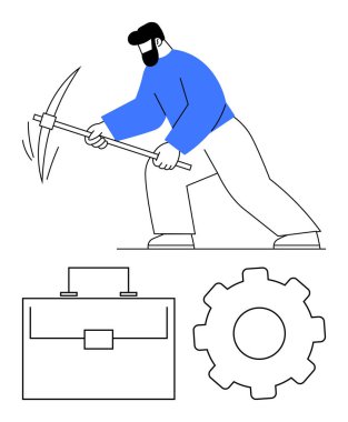 Aşağıdaki evrak çantası ve teçhizatla kazma sallayan işçi el emeğini, işini ve teknolojik ilerlemeyi temsil ediyor. İş ahlakı, endüstri, kalkınma, problem çözme, azim için ideal