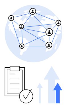 Bir dünya haritası üzerinde ağ oluşturan küresel düğümler, görevi tamamlamayı sembolize eden bir kontrol listesi ve büyümeyi gösteren yukarı doğru oklar. Takım çalışması ve küreselleşme için ideal