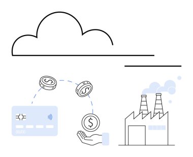 Endüstriyel fabrikalar, madeni paralar, kredi kartları ve el değiştirme ile bulut hesaplama. Fintech, bulut hesaplama, dijital işlemler, finansal yönetim, endüstriyel otomasyon ekonomisi için ideal