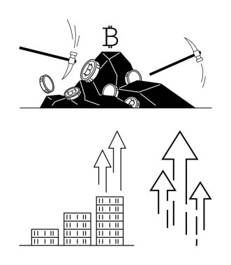 Pickaxes mining bitcoin from rocks, coins scattered, stacked bars with arrows rising. Ideal for cryptocurrency, blockchain, investments, financial growth, economy, technology abstract line flat clipart