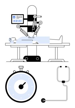 Tıbbi monitör altında bir hastaya robotik kollar ameliyatı, hassas zamanlamayı gösteren bir kronometre ve stetoskop. Tıbbi teknoloji için ideal, robotik cerrahi, sağlık hizmetleri, hassas tıp