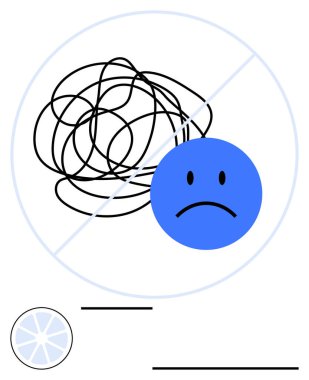 Çemberin içindeki çözülmemiş siyah karalamaların yanında mavi üzgün yüz. Zihinsel sağlık, stres yönetimi, duygusal refah, basitlik, farkındalık, kişisel gelişim, soyut çizgi için ideal