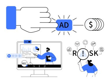 El ile reklam düğmesine basmak, ekranda analitik sunan kişi, risk unsurlarını analiz eden kadın. Pazarlama, finans, analitik, risk, iş stratejisi ve soyut eğitim için ideal