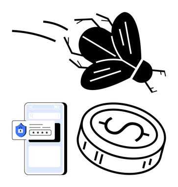 Güvenli girişi olan mobil cihazın yanındaki bir sinek siber güvenliği gösterir. Para dijital para birimini temsil eder. Teknoloji sorunları, siber güvenlik, mali güvenlik, dijital işlemler, hackleme için ideal