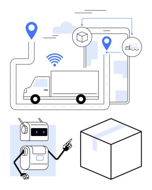 Teslimat güzergahındaki bir kamyon GPS konumunda robotik asistanı, kargoyu ve depoyu işaretliyor. Teknoloji, lojistik, dağıtım hizmetleri, otomasyon, akıllı ulaşım, tedarik zinciri, robotik için ideal