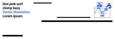 Bilgisayarda bir e-ticaret platformu ile uğraşan iki kişi. Alışveriş arabası ikonu, satın alma düğmesi. Çevrimiçi iş, teknoloji, web tasarımı, dijital pazarlama, satın alma, kullanıcı deneyimi için ideal