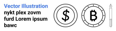 İki kripto para simgesi bir dolar sembolü ve bir kalemin yanında da Bitcoin sembolü. Dijital finans, kripto para birimi, engelleme zinciri, çevrimiçi bankacılık, fintech, finansal planlama, modern finans için ideal. İniş