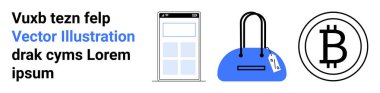 Bir web sitesi gösteren akıllı bir telefon, üzerinde fiyat etiketi olan mavi bir çanta, büyük bir Bitcoin sembolü. E-ticaret, mobil alışveriş, kripto işlemleri, dijital pazarlama, çevrimiçi perakende, fintech engelleme zinciri için ideal