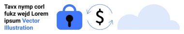 Kilit simgesi, dönen oklardaki dolar sembolü ve bulut simgesi güvenli finansal işlemleri ve bulut depolamasını temsil ediyor. Fintech, online bankacılık, güvenlik, bulut hizmetleri, mobil ödemeler için ideal