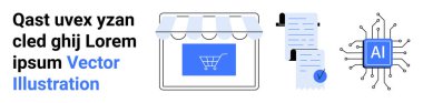 Alışveriş arabası, makbuzlar ve yapay zeka çipleri olan bir dükkan. E-ticaret, perakende teknolojisi, dijital ödemeler, finansal işlemler, yapay zeka entegrasyonu, online alışveriş, iş otomasyonu için ideal. İniş