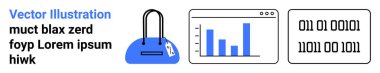 Bilgisayar ekranında çubuk grafik, ikili kod, asma kilidin üzerinde büyüteç. Veri analizi, siber güvenlik, kodlama, istatistik, internet güvenliği, teknoloji eğitimi dijital araştırma için ideal