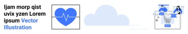 Kalp atış çizgisi olan kalp, depolama bulutu, takım ile birlikte online alışveriş arabası. Teknoloji entegrasyonu, sağlık farkındalığı, bulut hesaplaması, ekommerce, takım çalışması, minimalizm için ideal