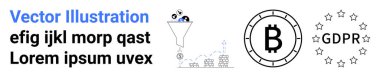 Çemberde Bitcoin logosu, yıldızlı GDPR sembolü, huni filtreleme verisi, kavramsal metin ögeleri