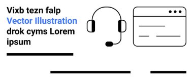 Mikrofon, tarayıcı penceresi ve metin elemanları olan kulaklık. Müşteri hizmetleri, teknik destek, sanal yardım, iletişim merkezleri, online yardım, SSS bölümleri, iletişim platformları için ideal. İniş