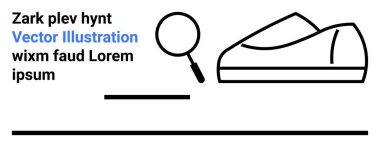 Ayakkabı çizgisi, büyüteç ve siyah-beyaz renk düzeninde soyut metin unsurları. E-ticaret, araştırma, moda, minimalizm, modern tasarım, tipografi ve reklam için ideal. İniş