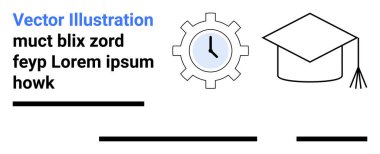 Saat teçhizatı ve metin bloklu mezuniyet şapkası. Eğitim, zaman yönetimi, akademik çalışmalar, dersler, dersler, e-öğrenme, eğitim materyalleri için idealdir. İniş sayfası