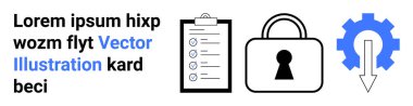 Kontrol listesi olan pano, asma kilit ve ayarları veya yapılandırmaları belirten aşağı doğru ok teçhizatı, metin. Siber güvenlik, veri koruması, sistem kurulumu, görev yönetimi, bilişim çözümleri için ideal