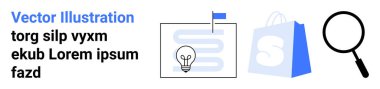 Şablon, alışveriş torbası ve büyüteç üzerinde bir ampulün vektör çizimi. İş planlama, online alışveriş, başlangıç fikirleri, araştırma temaları ve e-ticaret kavramları için idealdir. İniş sayfası