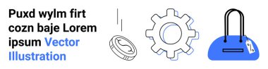 Puxd wylm firt cozn baje Lorem ipsum Vector Illustration, para, dişli, el çantası. İş, finans, alışveriş, teknoloji mühendisliği platformları için idealdir. İniş sayfası