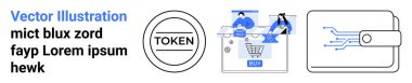 Token amblemi, e-ticaret sitesinde çalışan ekip ve devreli dijital cüzdan. Fintech, e-ticaret, çevrimiçi işlemler, siber güvenlik, dijital varlıklar, jetonlaşma ve ödeme için ideal