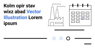 Fabrika simgesi, işaretli takvim, metin ögeleri, satırlar, daireler. Üretim, planlama, endüstriyel süreçler, iş takvimi, proje yönetimi, stratejik planlama, kurumsal planlama için ideal